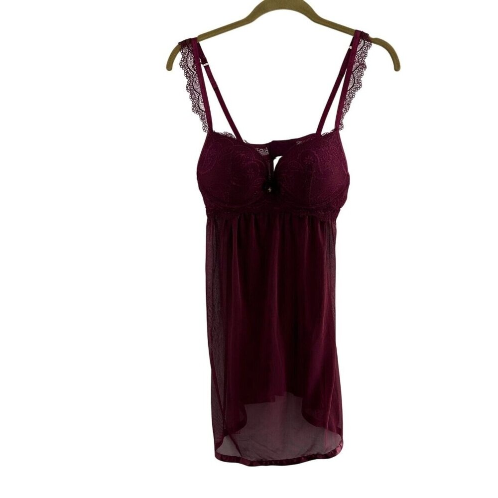 Daisy Fuentes Babydoll Lingerie Lace Mesh Chemise Size L Burgundy Wine Underwire